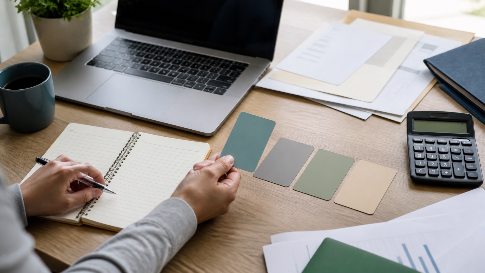 Borrower comparing bad credit loan alternatives with blank cards, notebook, calculator and laptop