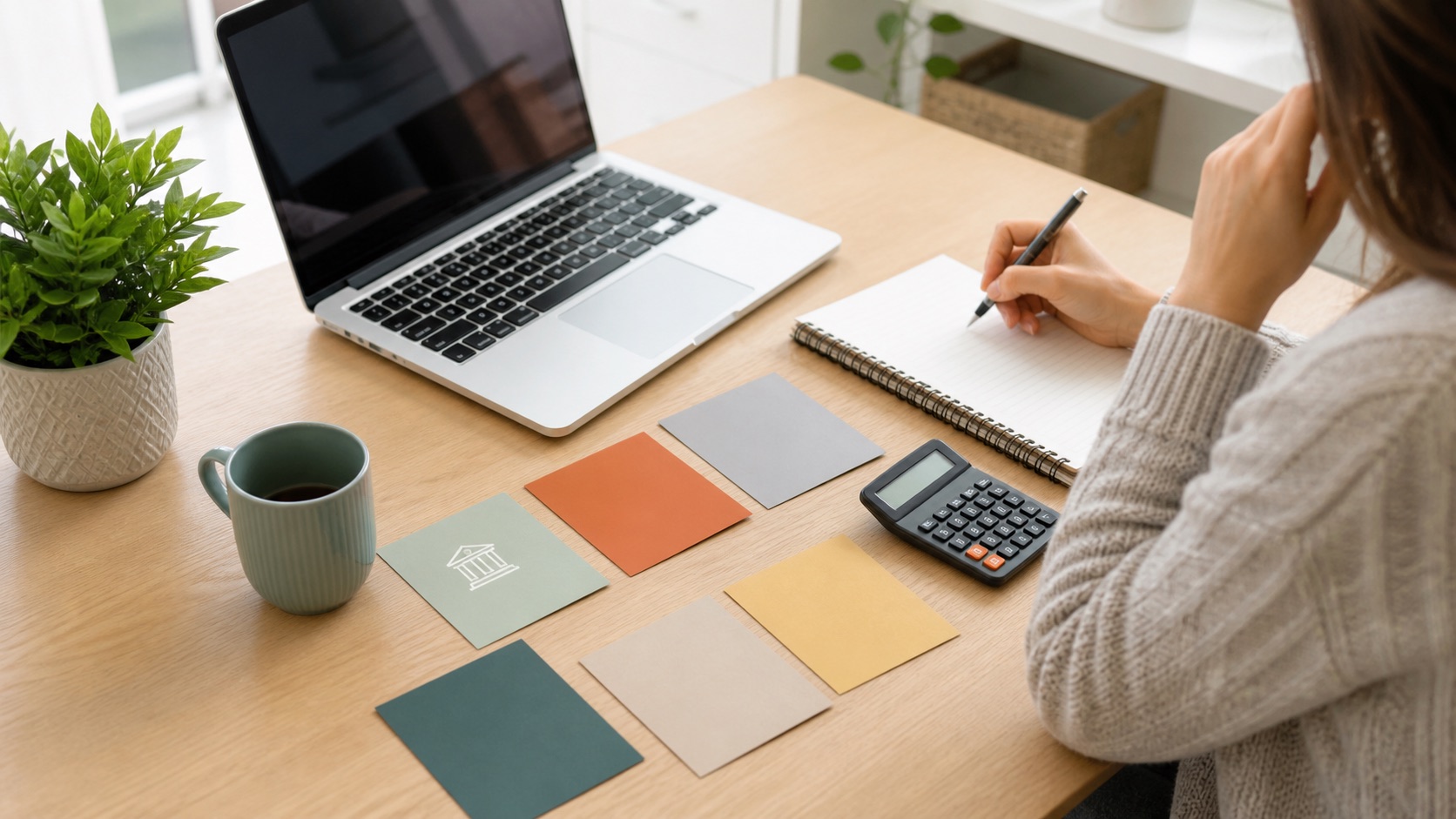 Borrower comparing credit union loan alternatives with blank cards, calculator, notebook and laptop