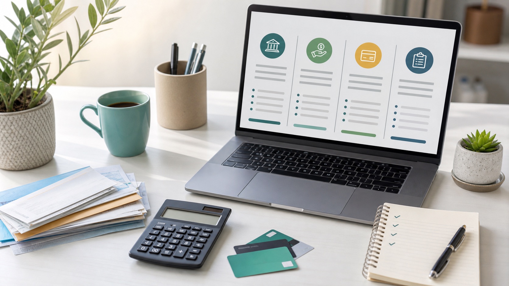 Laptop, calculator and bills used to compare debt consolidation loan alternatives