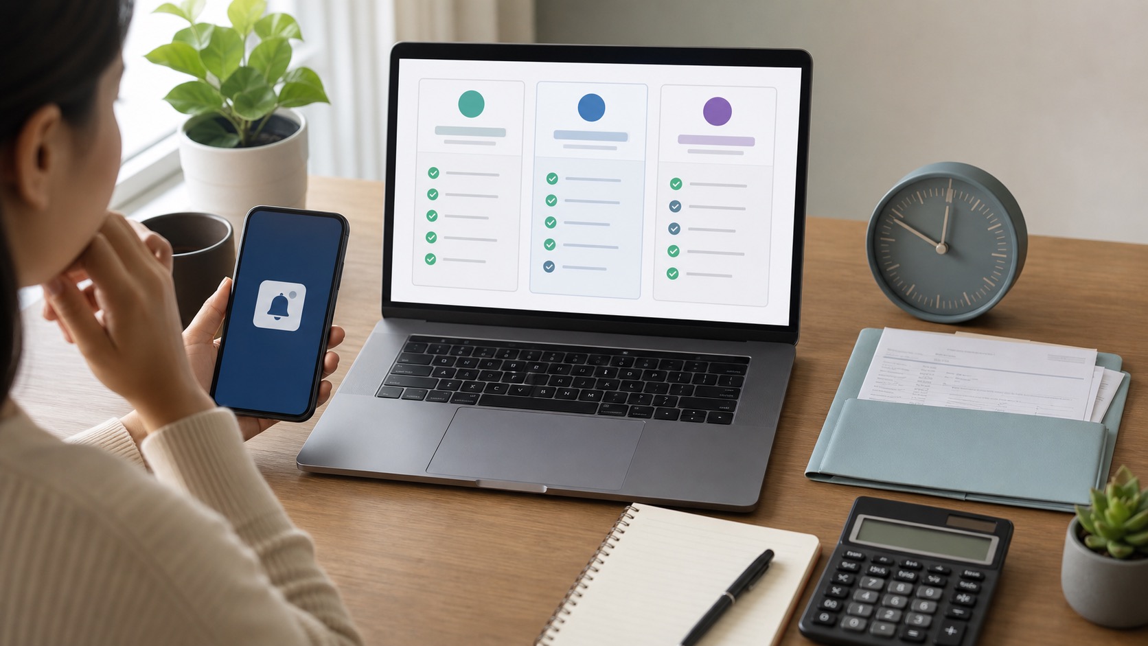 Borrower comparing emergency loan options online with a laptop, phone, calculator and clock