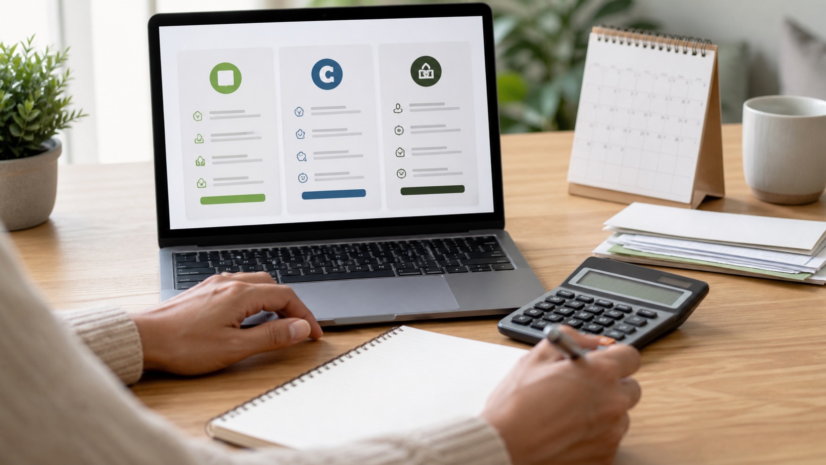 Borrower comparing installment loan options on a laptop with a calculator, calendar and paperwork