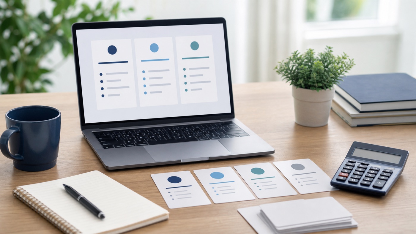 Laptop, calculator and option cards used to compare personal loan alternatives