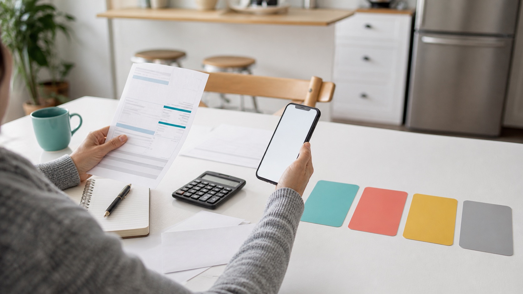 Borrower comparing same-day loan alternatives with bills, phone, calculator and blank color cards